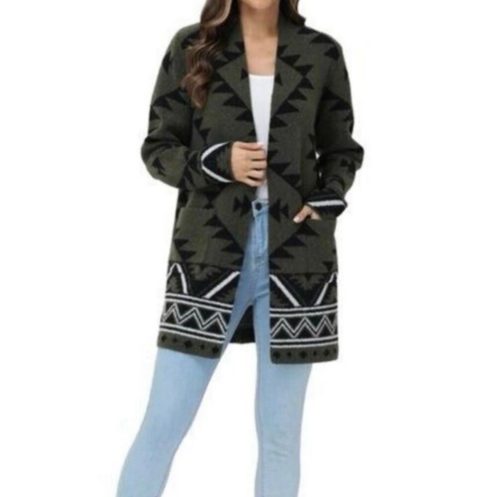 FRYE green Aztec cardigan sweater Geometric Western cottagecore southwestern